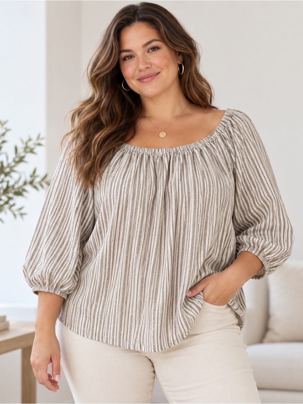 Sanctuary Linen Blend Striped Peasant Blouse Size 1X Cream Olive Balloon Sleeve